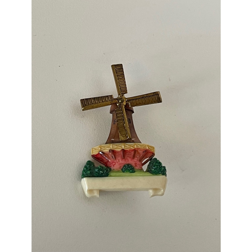 Vintage Gold Red Windmill Pin Brooch celluloid